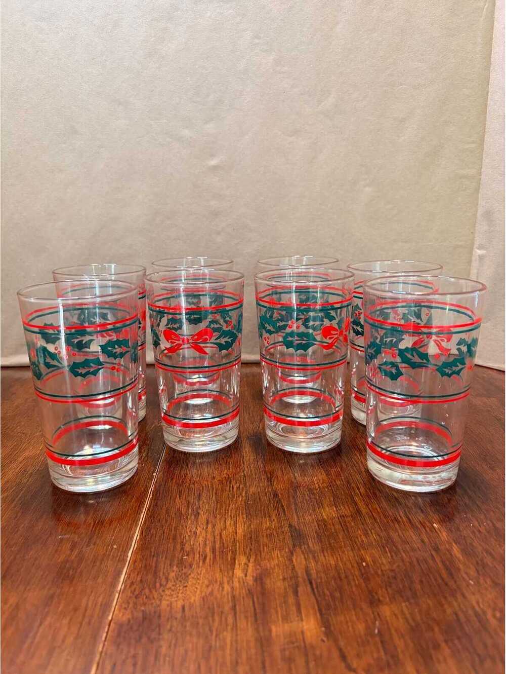 Vintage Libbey Christmas Holly & Bow Drinking Glasses Set of 8 Holiday Tumblers